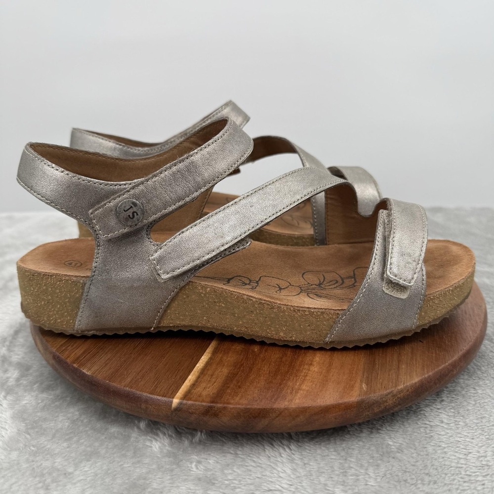 Josef Seibel Shoes Womens Size 10 Silver Leather Strappy Wedge Sandals Comfort
